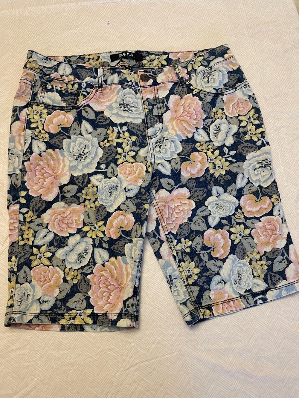 Floral Print Women's Bermuda Shorts - Navy with Pink & Light Blue Blooms